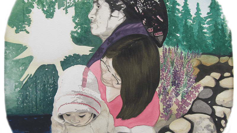 Painting by Natasia Mukash of three generations of women to represent breast cancer screening.