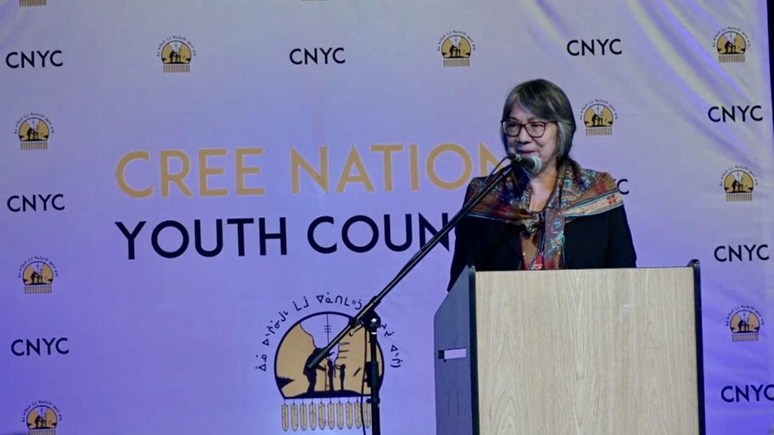 Bella Petawabano addresses Cree National Youth Council in 2019