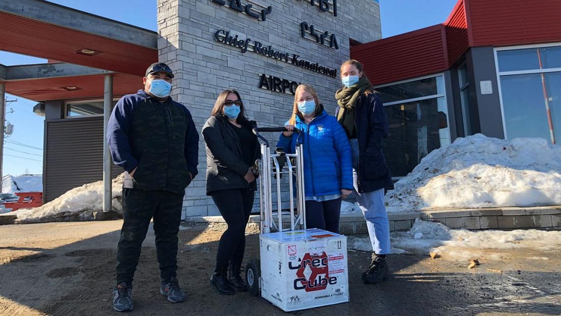 Chisasibi. Billy Bearskin, Sophie Rivest, Annie Dumontier and Frida Blackwell picked up their box of vaccines. 