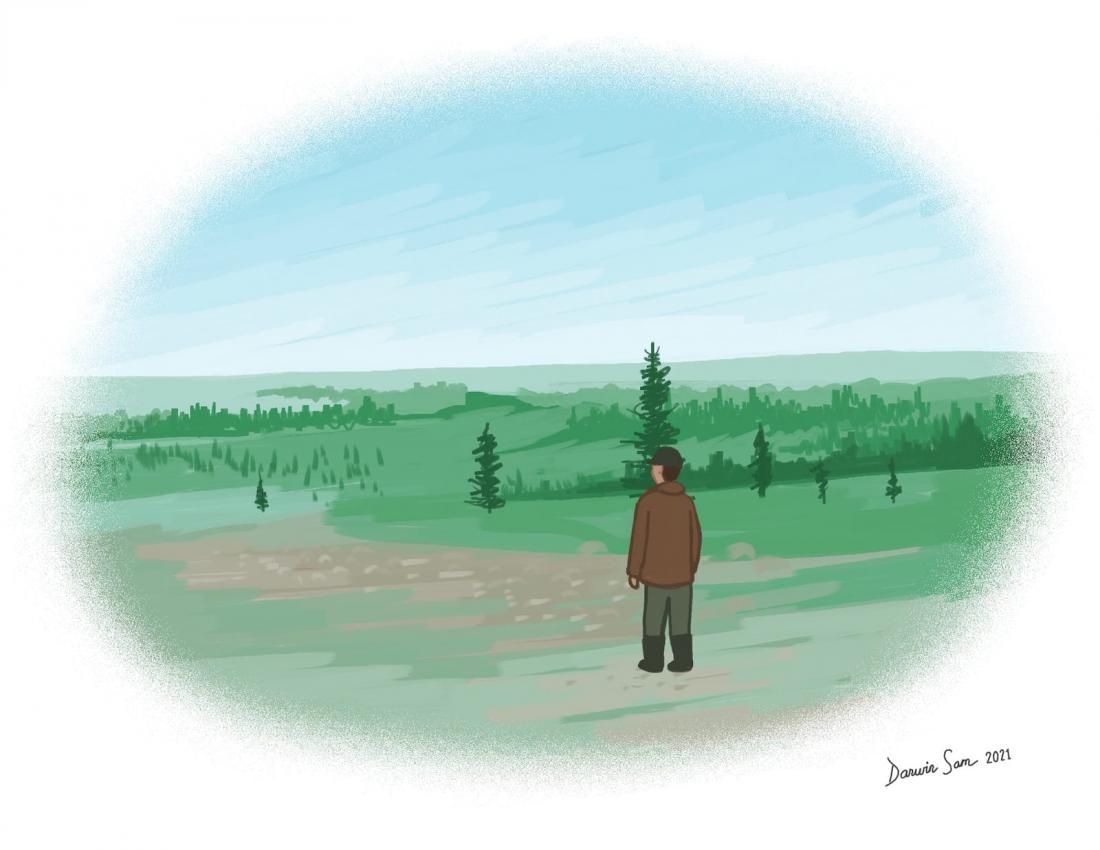 Illustration of a man walking in the bush