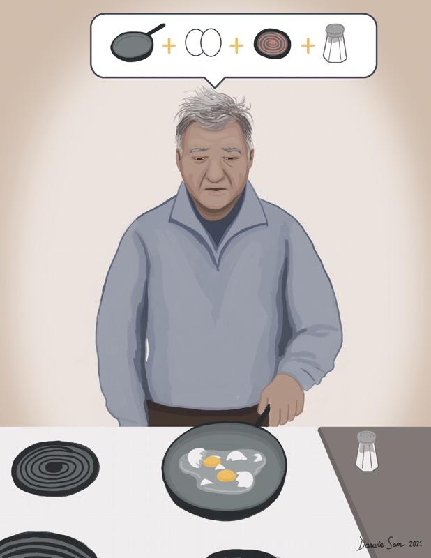Man getting confused while cooking eggs
