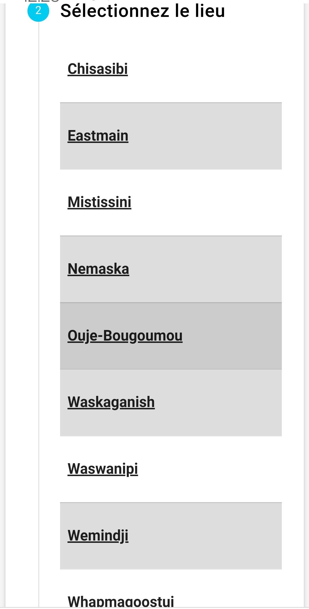 Capture d'écran de la liste des communautés d'Eeyou Istchee