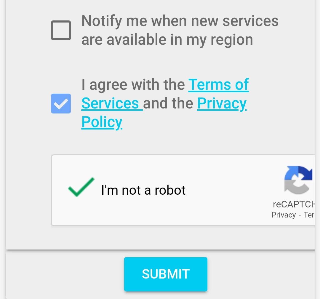 Screenshot showing the 2 text fields you need to click (Terms of Service and I'm not a robot)
