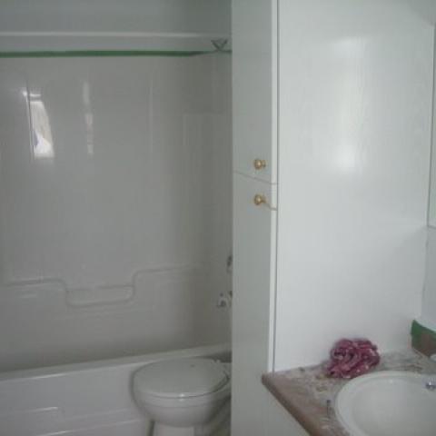 Shower, toilet and sink in bathroom of house