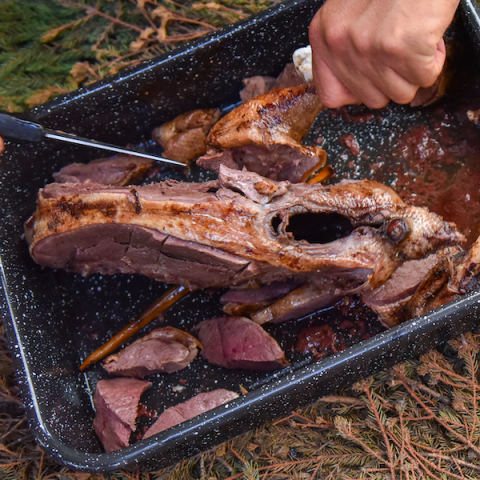 Closeup of cooked goose in pan being carved