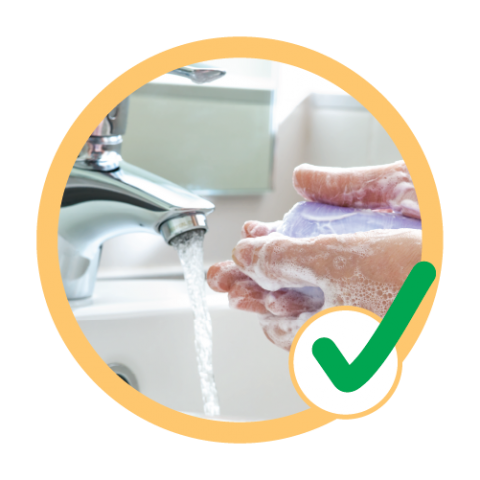 Soapy hands under tap with check mark