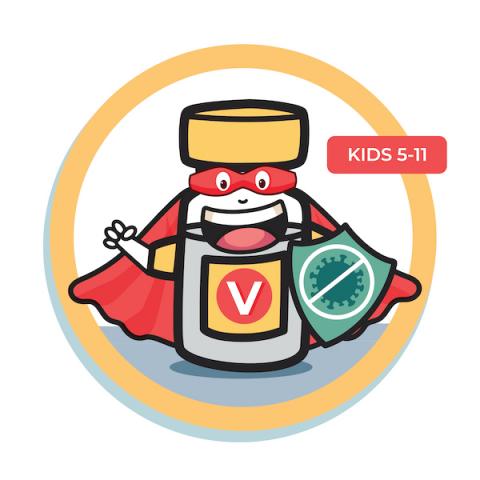 Illustration showing a vaccination superhero with text 'kids 5 to 11'