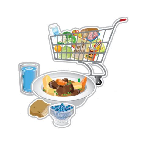 Illustration of healthy foods like bread, blueberries, moose stew