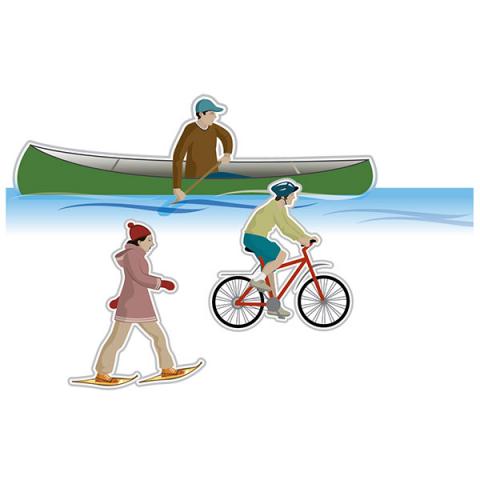Illustration showing 3 ways to stay active: canoeing, cycling, and snowshoeing.