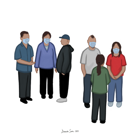 Image of a group of six people standing together and talking. Some are wearing medical masks.